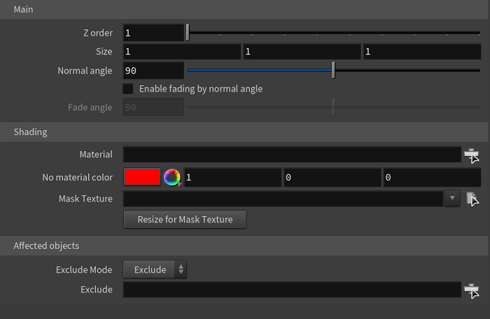 The V-Ray Decal Parameter setting panel